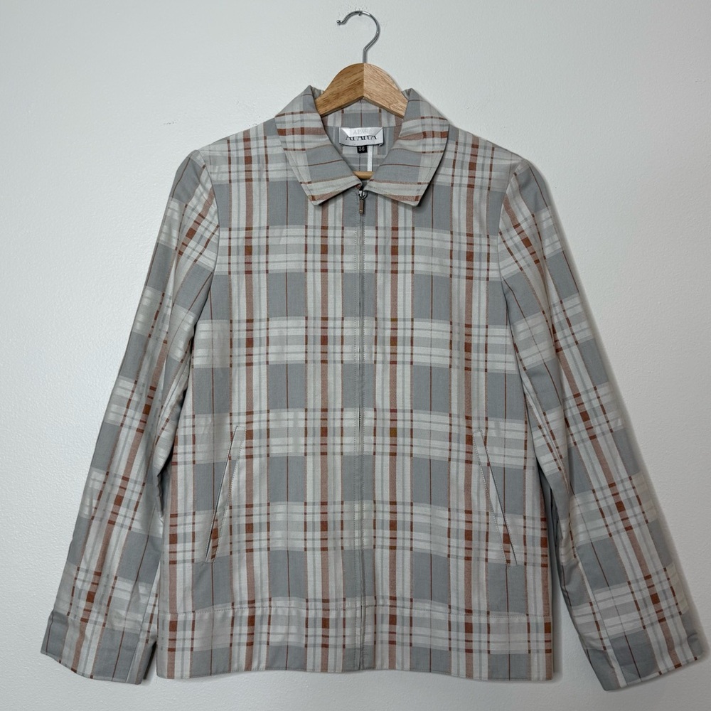 Apara Plaid Zip-Up Collared Jacket Gray Beige Retro Minimalist Style size 36
